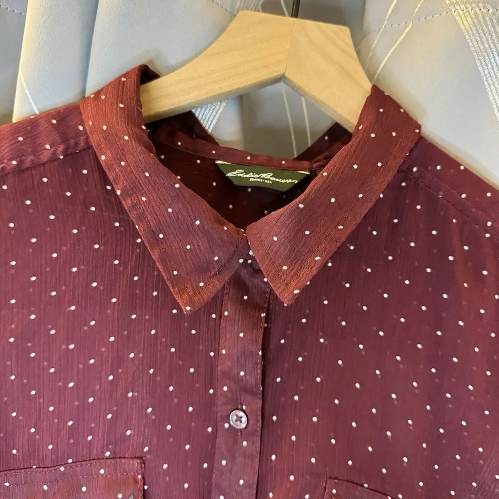 Eddie Bauer L Burgundy Long Sleeve Semi‎ Sheer Blouse Button Up Polka Dots - Picture 3 of 16